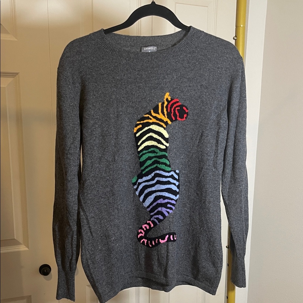 Orwell + Austen Gray Sweater with Colorful Tiger Motif
